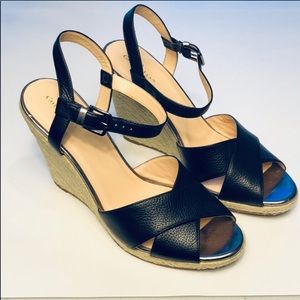 Cole Haan Black Leather Espadrille Wedges Size 10